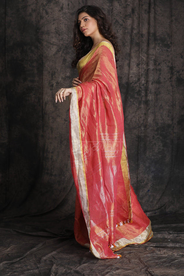 Red Tissue Linen Saree With A Striking Border