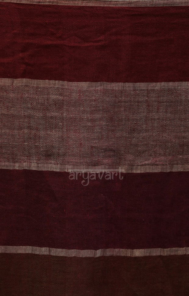Srtriking Linen Saree in Brown, Maroon & Silver Zari Checks