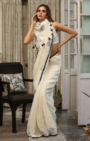 Black Roses in an Off-White Linen saree