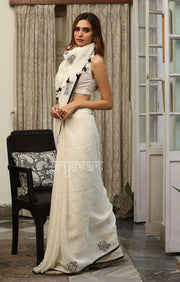 Black Roses in an Off-White Linen saree