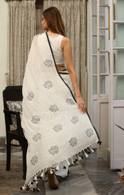 Black Roses in an Off-White Linen saree
