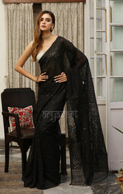 Black Jamdani Saree with Geometric Woven Design With Zari Butta Highlights