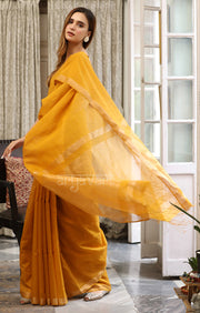 Mustard Silk Cotton Saree With Woven Zari Checks & Zari Pallu