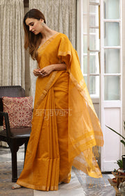 Mustard Silk Cotton Saree With Woven Zari Checks & Zari Pallu
