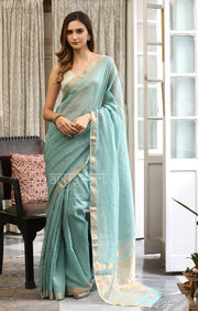 Mint Green Silk Cotton Saree With Woven Zari Checks & Zari Pallu