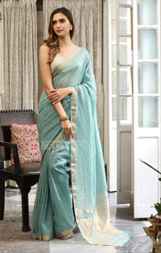 Mint Green Silk Cotton Saree With Woven Zari Checks & Zari Pallu