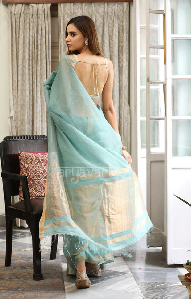 Mint Green Silk Cotton Saree With Woven Zari Checks & Zari Pallu