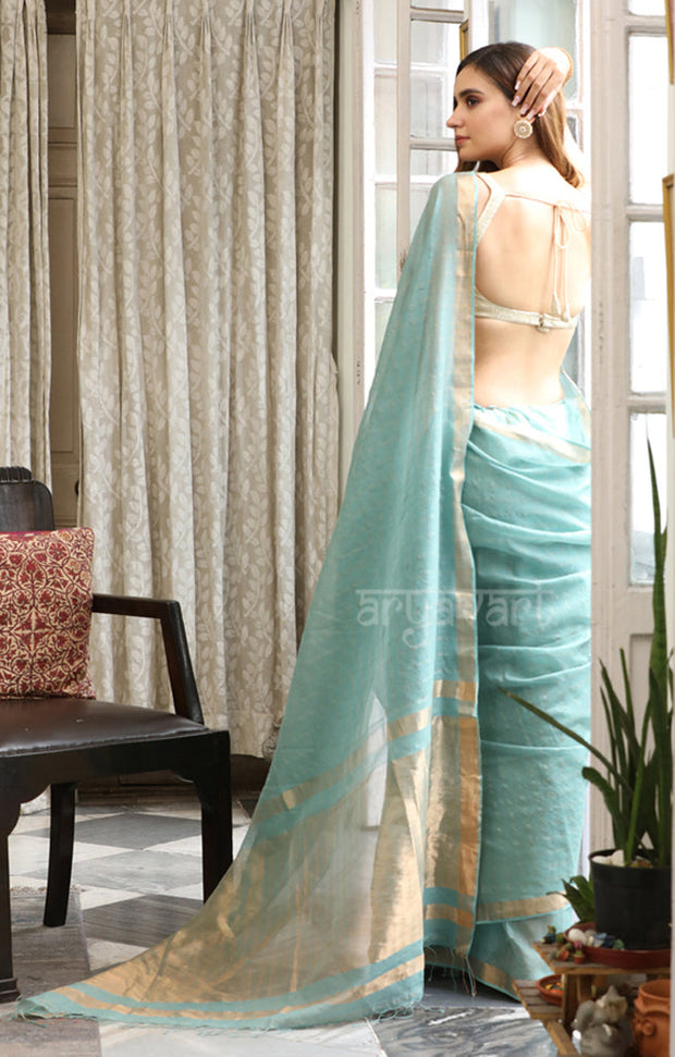 Mint Green Silk Cotton Saree With Woven Zari Checks & Zari Pallu