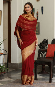 Burgundy Linen Saree with a Striking Zari Border & pallu