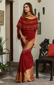 Burgundy Linen Saree with a Striking Zari Border & pallu