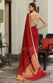 Burgundy Linen Saree with a Striking Zari Border & pallu