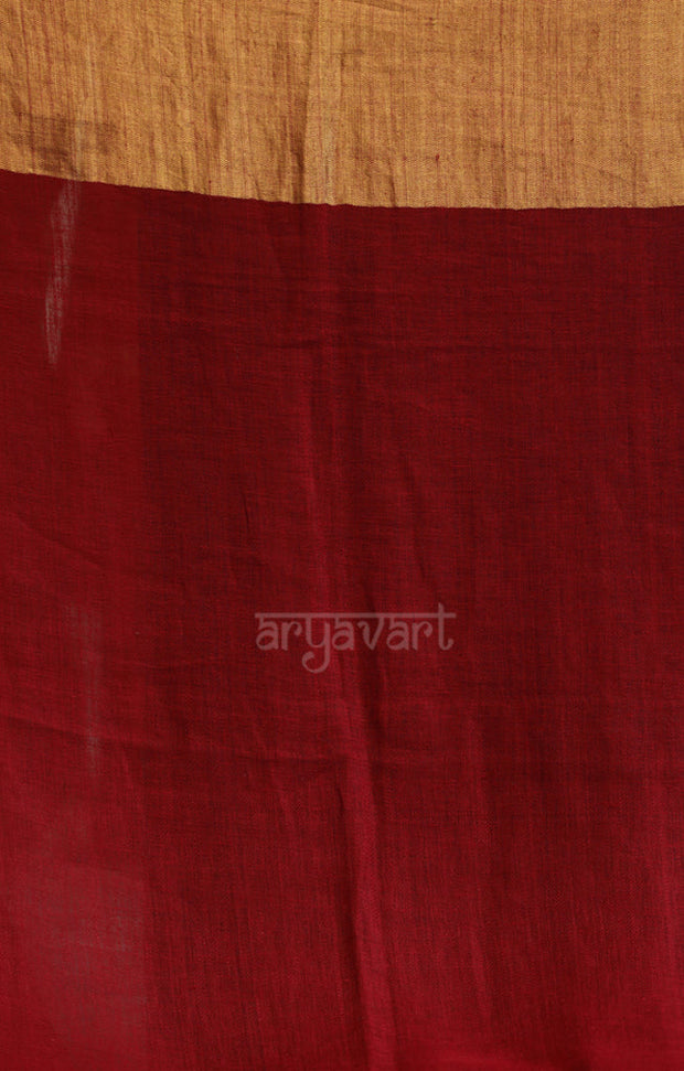 Burgundy Linen Saree with a Striking Zari Border & pallu