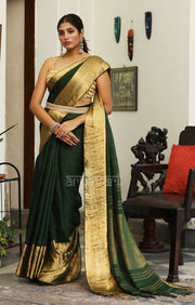 Pine Green Linen Saree With Striking Zari Border & pallu