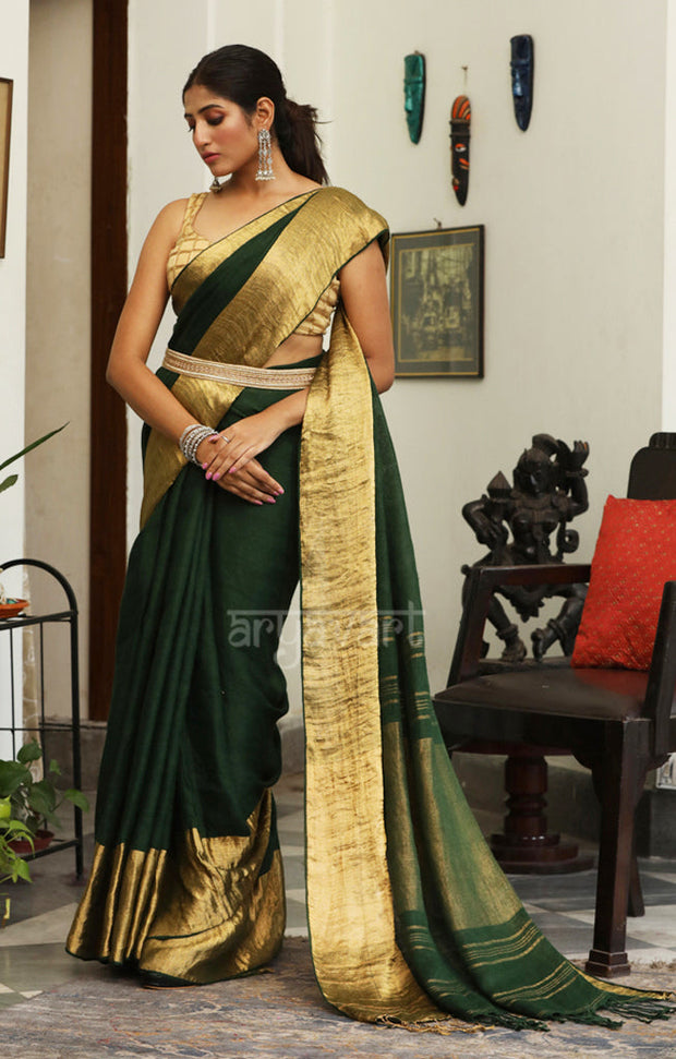Pine Green Linen Saree With Striking Zari Border & pallu