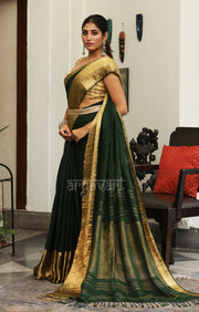 Pine Green Linen Saree With Striking Zari Border & pallu