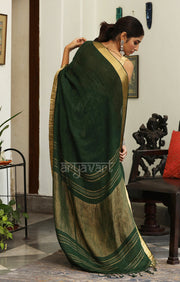 Pine Green Linen Saree With Striking Zari Border & pallu