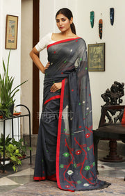 Grey Cotton Saree with Jamdani Design in Red