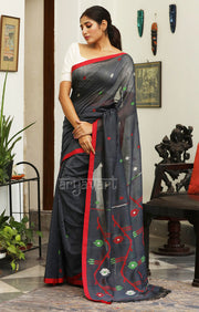 Grey Cotton Saree with Jamdani Design in Red