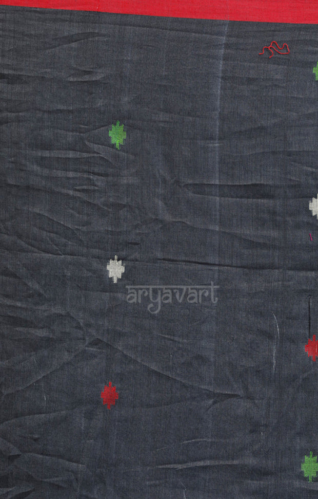 Grey Cotton Saree with Jamdani Design in Red