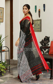 Black & Grey Cotton with Woven Design & Red Border