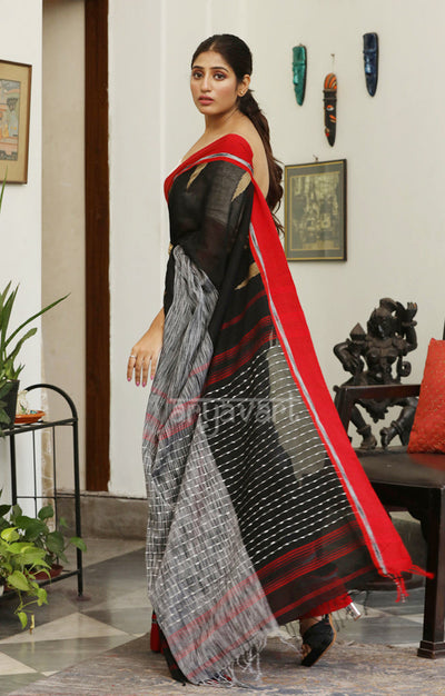 Black & Grey Cotton with Woven Design & Red Border