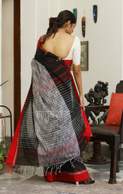 Black & Grey Cotton with Woven Design & Red Border