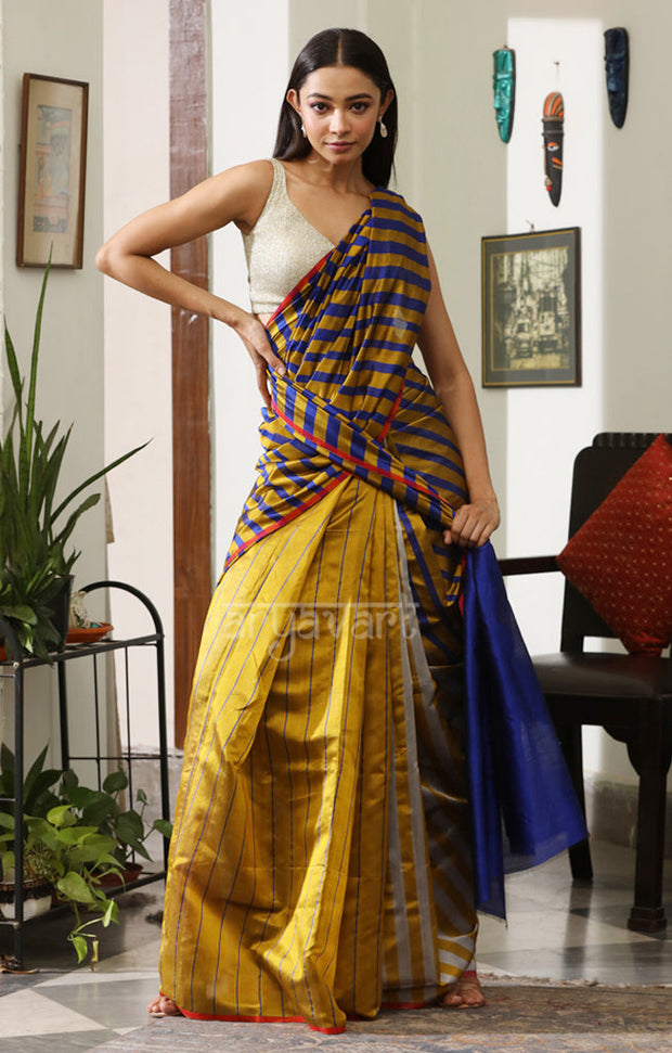 Mustard, Royal Blue & Grey Striped Silk Chanderi Saree with a Stunning Blue Pallu