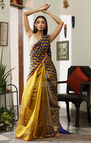 Mustard, Royal Blue & Grey Striped Silk Chanderi Saree with a Stunning Blue Pallu