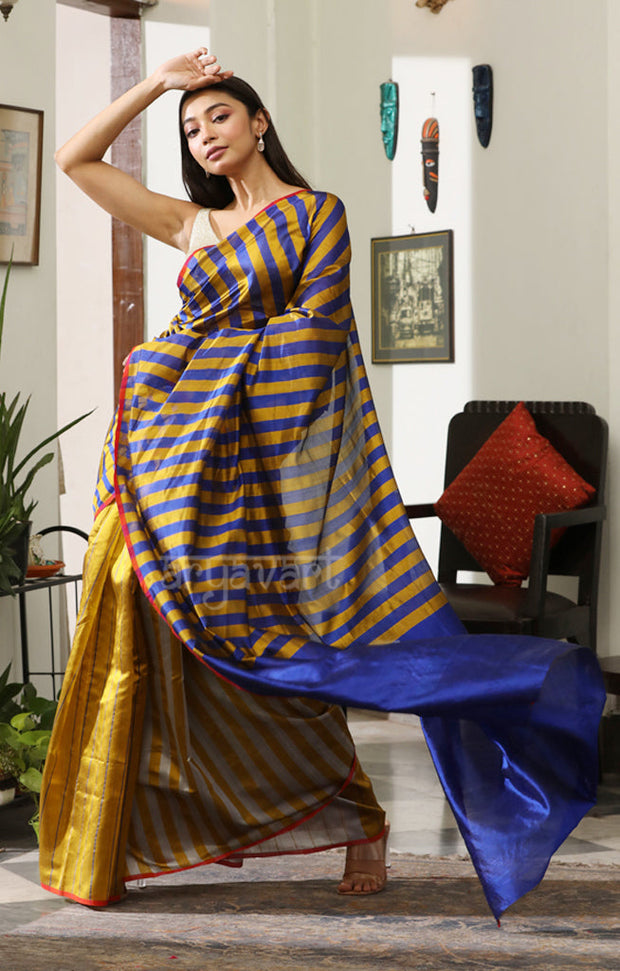 Mustard, Royal Blue & Grey Striped Silk Chanderi Saree with a Stunning Blue Pallu