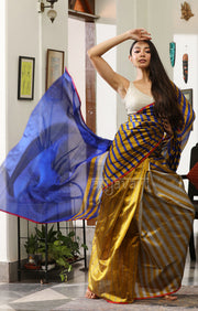 Mustard, Royal Blue & Grey Striped Silk Chanderi Saree with a Stunning Blue Pallu