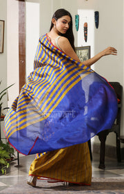 Mustard, Royal Blue & Grey Striped Silk Chanderi Saree with a Stunning Blue Pallu