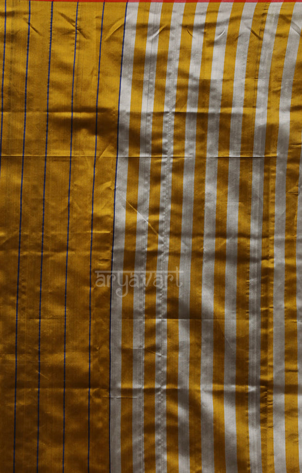 Mustard, Royal Blue & Grey Striped Silk Chanderi Saree with a Stunning Blue Pallu