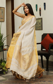 Stone White Linen Saree with a striking Zari Border & pallu