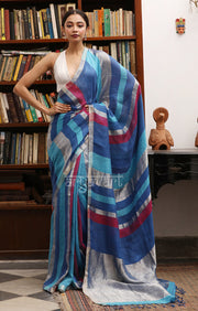 Shades of Blue, Maroon,& Silver Zari Striped Linen Saree