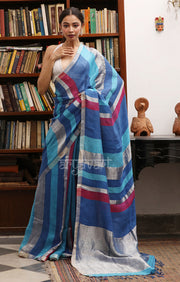 Shades of Blue, Maroon,& Silver Zari Striped Linen Saree