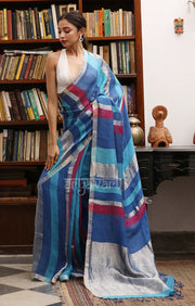 Shades of Blue, Maroon,& Silver Zari Striped Linen Saree