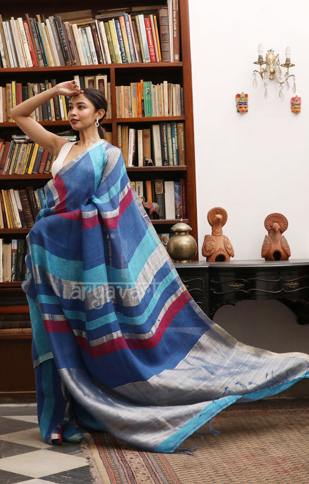 Shades of Blue, Maroon,& Silver Zari Striped Linen Saree