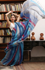 Shades of Blue, Maroon,& Silver Zari Striped Linen Saree