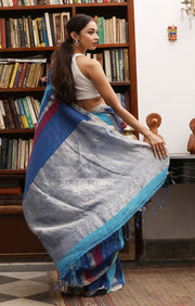 Shades of Blue, Maroon,& Silver Zari Striped Linen Saree