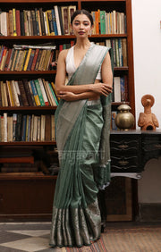 Jade Green Linen Saree with Silver Zari Woven Design
