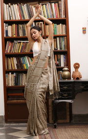 Fawn Linen Saree with Brick Red Check Design