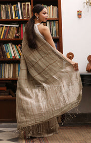 Fawn Linen Saree with Brick Red Check Design