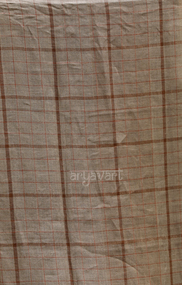 Fawn Linen Saree with Brick Red Check Design