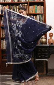 Navy Blue Cotton Saree with Woven Jamdani Design in White