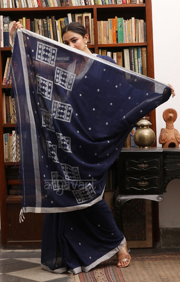 Navy Blue Cotton Saree with Woven Jamdani Design in White