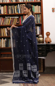 Navy Blue Cotton Saree with Woven Jamdani Design in White