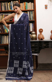 Navy Blue Cotton Saree with Woven Jamdani Design in White