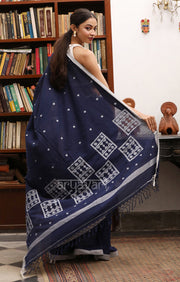 Navy Blue Cotton Saree with Woven Jamdani Design in White