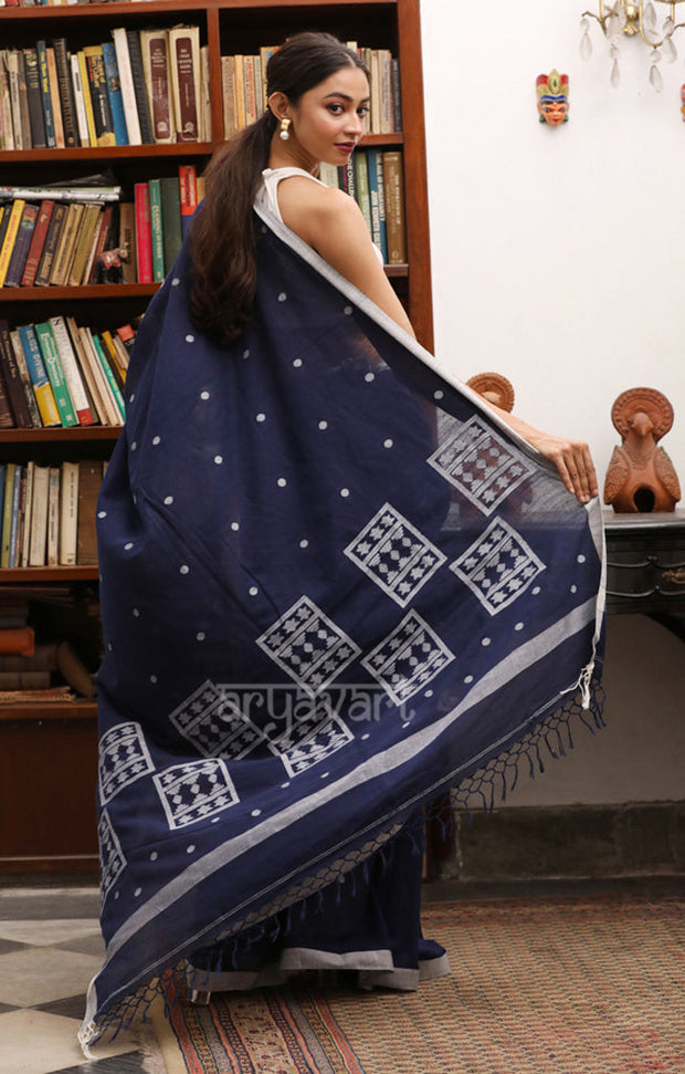 Navy Blue Cotton Saree with Woven Jamdani Design in White