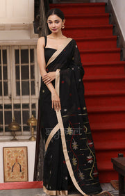 Black Cotton Saree  with striking Jamdani Woven Design